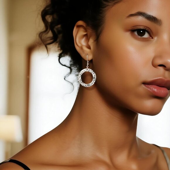 Silver Drop Handmade Hammered Circle Round Dangle Minimalist Earring for Women - Picture 4 of 7